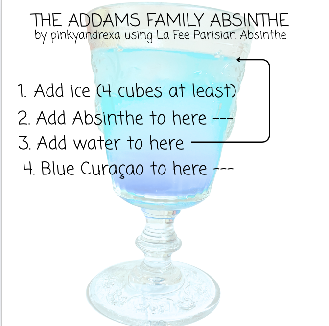 pinkyandrexa's tweet photo. Tonight I'm enjoying a cocktail I invented a few years ago: The Addams Family Absinthe. It uses La Fee Absinthe with ice, water & Blue Curaçao. See montage pic for recipe. I may have made the absinthe measure a bit too high up the glass. #LaFee #absinthe #absinth #cocktails https://t.co/FBPuB6RZ6J
