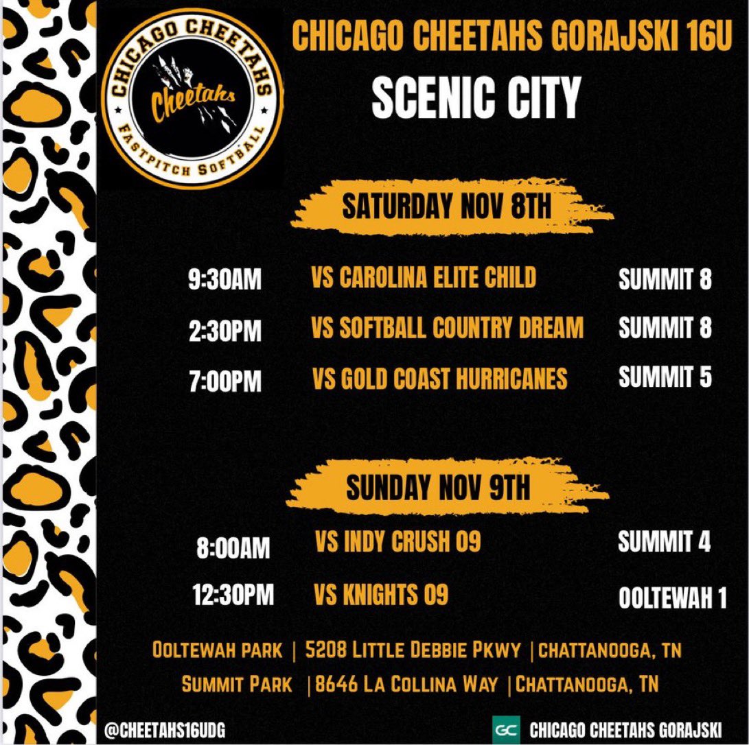 ‼️SCHEDULE DROP‼️Come check us out at the Scenic City Fall Showcase this weekend in Chattanooga, TN! I will also be playing in the All-Star game on November 7th at 6pm. #sceniccity <a href="/Cheetahs16uDG/">Chicago Cheetahs -Gorajski</a> <a href="/DirectRecruits/">Direct Recruits</a> <a href="/CoastRecruitsSB/">Coast Recruits 🥎</a> <a href="/CoastRecruits/">Coast 2 Coast Recruits</a> <a href="/TOP_D1RECRUITS/">Softball Top Preps Retweet</a> <a href="/SBRRetweets/">Softball Recruiting Reposts</a>