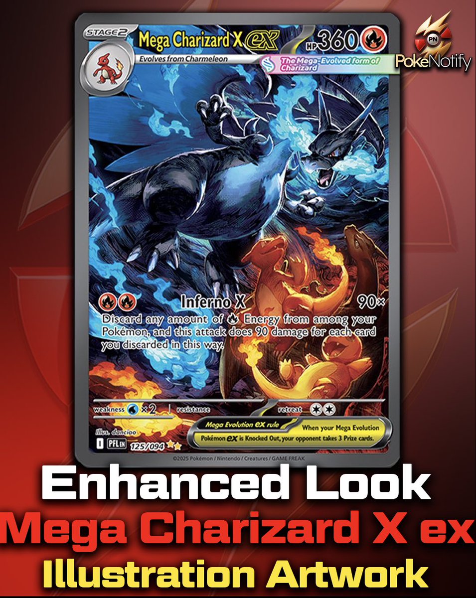 PokeNotifyX's tweet photo. 🔥 Official enhanced look at the Mega Charizard X ex SIR from Phantasmal Flames!
Many are calling this the best Charizard artwork ever made 👀
What do you think of this design? Drop a ❤️ for good luck pulling it next weekend!
#PokemonTCG #PokeNotify #PhantasmalFlames #Charizard https://t.co/7XP6XfnPBl