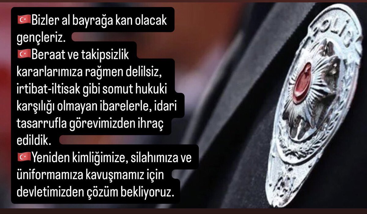 <a href="/tgrthabertv/">TGRT HABER</a> <a href="/cemkucuk55/">Cem Küçük</a> <a href="/gurkanhacir/">gürkan hacır</a> <a href="/cemkucuk55/">Cem Küçük</a> Bugün kimlerin kimlerin tahliyesi konuşulurken, 
Darbeyle, terörle alakası olmayan, savcı mahkeme görmeyen insanlar  #khk yangının içine atıldı. Hukuken aklandıkları halde devletine onurla hizmet etmiş insanlar işine dönemiyor. Bu haksızlık neden konuşulmuyor ?