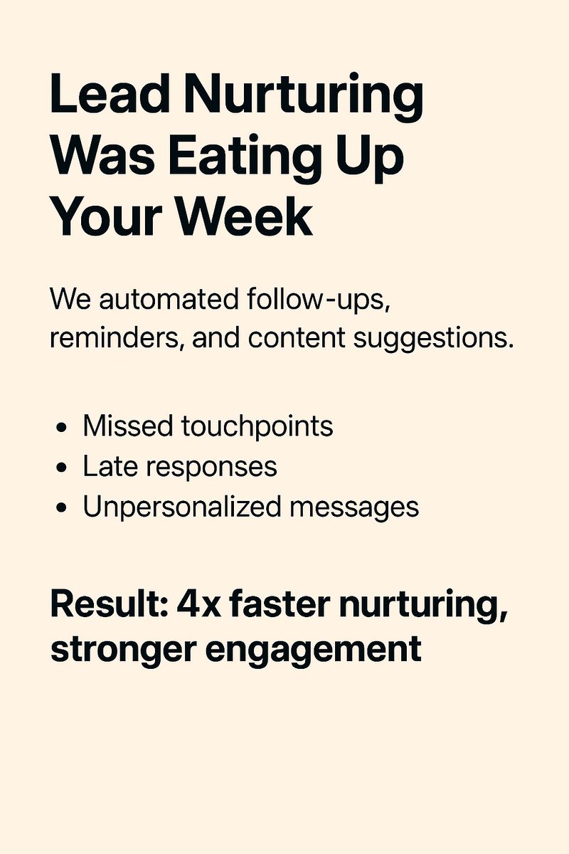 moh_ave's tweet image. Lead nurturing was eating up your week. Automated follow-ups and content suggestions saved time. Result: 4x faster nurturing, stronger engagement. #ai #aiautomation #hormozi #chatgpt