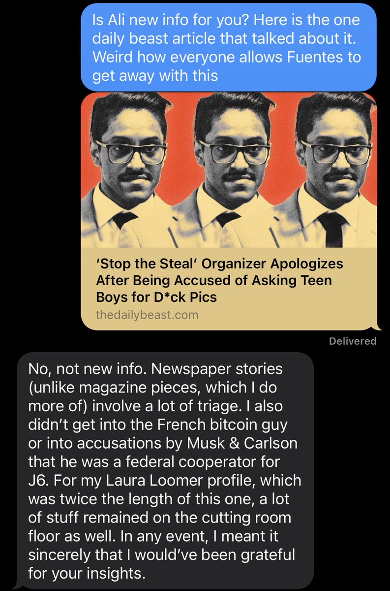 A NYT journo reached out to me about his Fuentes puff piece. I asked why they never mention Nick knowingly working with and covering for Ali Akbar. He informed me they're aware, but the NYT isn't interested in preventing young men from being molested