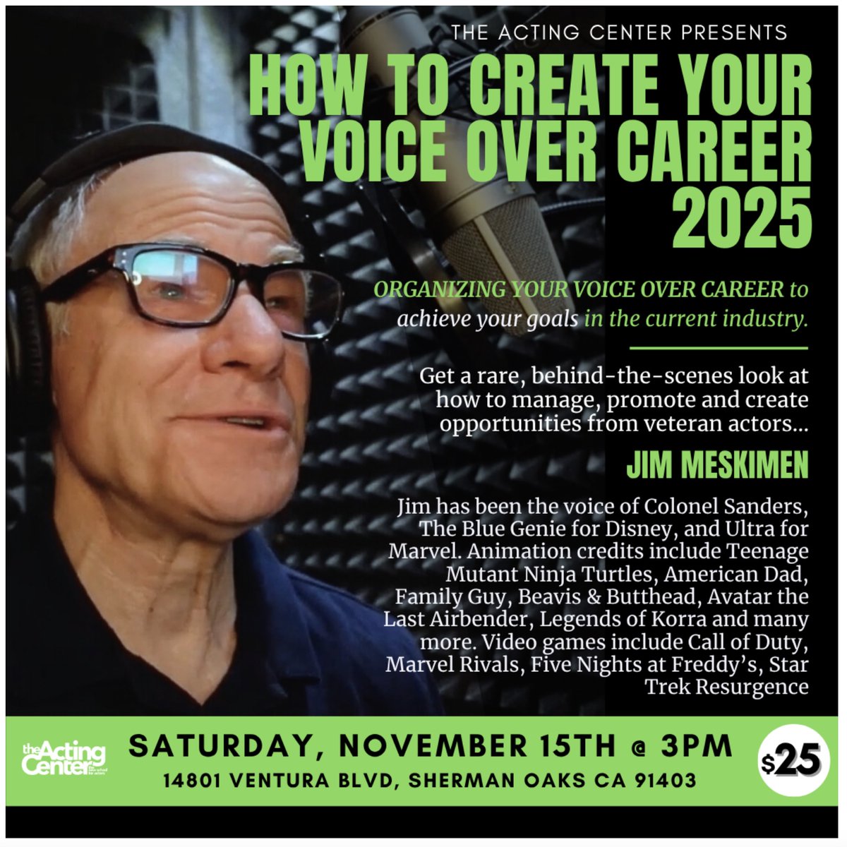 If you or someone you know is interested in my advice on getting a career in voiceover, or improving the one you have, come join me at The Acting Center next Saturday!