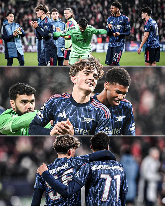 Collage of three sections showing soccer players in action and celebration. Top section depicts a group of Arsenal players in green and blue kits on a stadium field with a crowd in the background, some raising arms in victory. Middle section features close-ups of young players including Max Dowman and Andre Harriman-Annous smiling and embracing, wearing Arsenal jerseys with numbers 71 and 27. Bottom section shows two players from behind in blue and green kits with names Dowman and Harriman-Annous on the backs, standing together post-match.