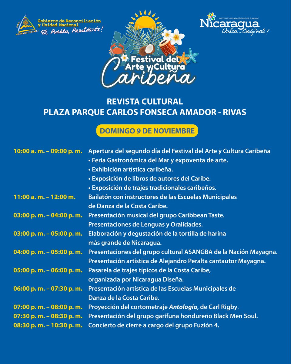 La 3 edición del Festival del Arte y Cultura Caribeña está llena de actividades para que conozcas más sobre la identidad de nuestra Costa Caribe nicaragüense 🌴🥥

¡Te esperamos, la entrada es gratuita! 🥳
📍Plaza Carlos Fonseca, Rivas
📅 8 y 9 de noviembre