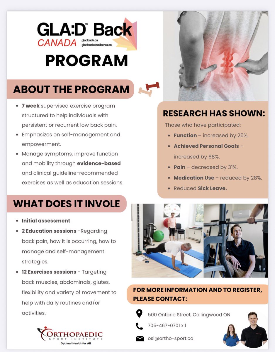 DrOliviaCheng's tweet image. 💪 Back pain is a common and often challenging condition to treat.
While surgery can help in some cases, it’s not always the best or only solution. The GLA:D® Program 
#BackPainRelief #EvidenceBasedCare #GLADProgram #SpineHealth #OrthopaedicCare #ActiveLiving #HealthyMovement