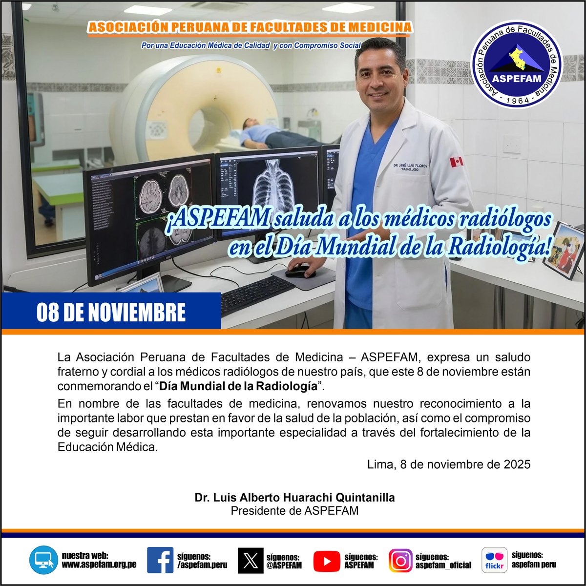 ✅ ¡ASPEFAM saluda a los médicos radiólogos en el Día Mundial de la Radiología!
➡️ Ver saludo: goo.su/SBOUhY
➡️ Noticias: aspefam.org.pe/prensa.htm
#AspefamPeru #EducacionMedica