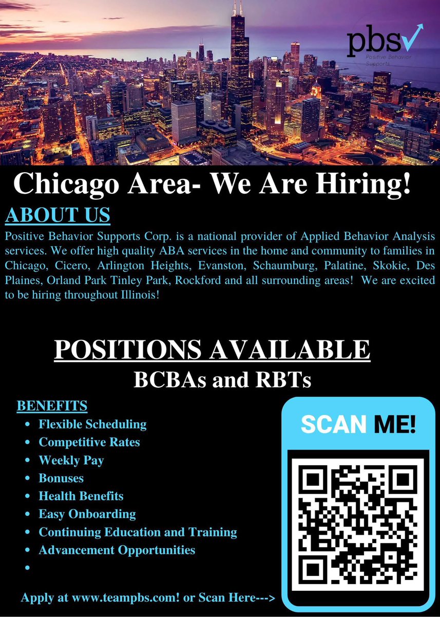 Illinois/Chicagoland BCBAs/RBTs, if you’re interested in a new opportunity with flexible scheduling and time off, reach out! Teampbs.com