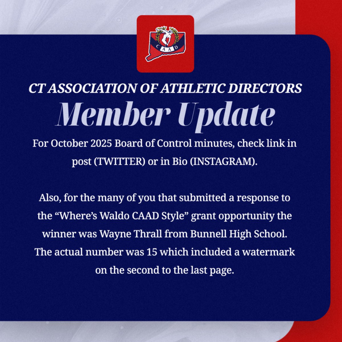 For October 2025 Board of Control minutes, visit caadinc.org/boardofcontrol…

Also, for the many of you that submitted a response to the “Where’s Waldo CAAD Style” grant opportunity the winner was Wayne Thrall from Bunnell High School.
