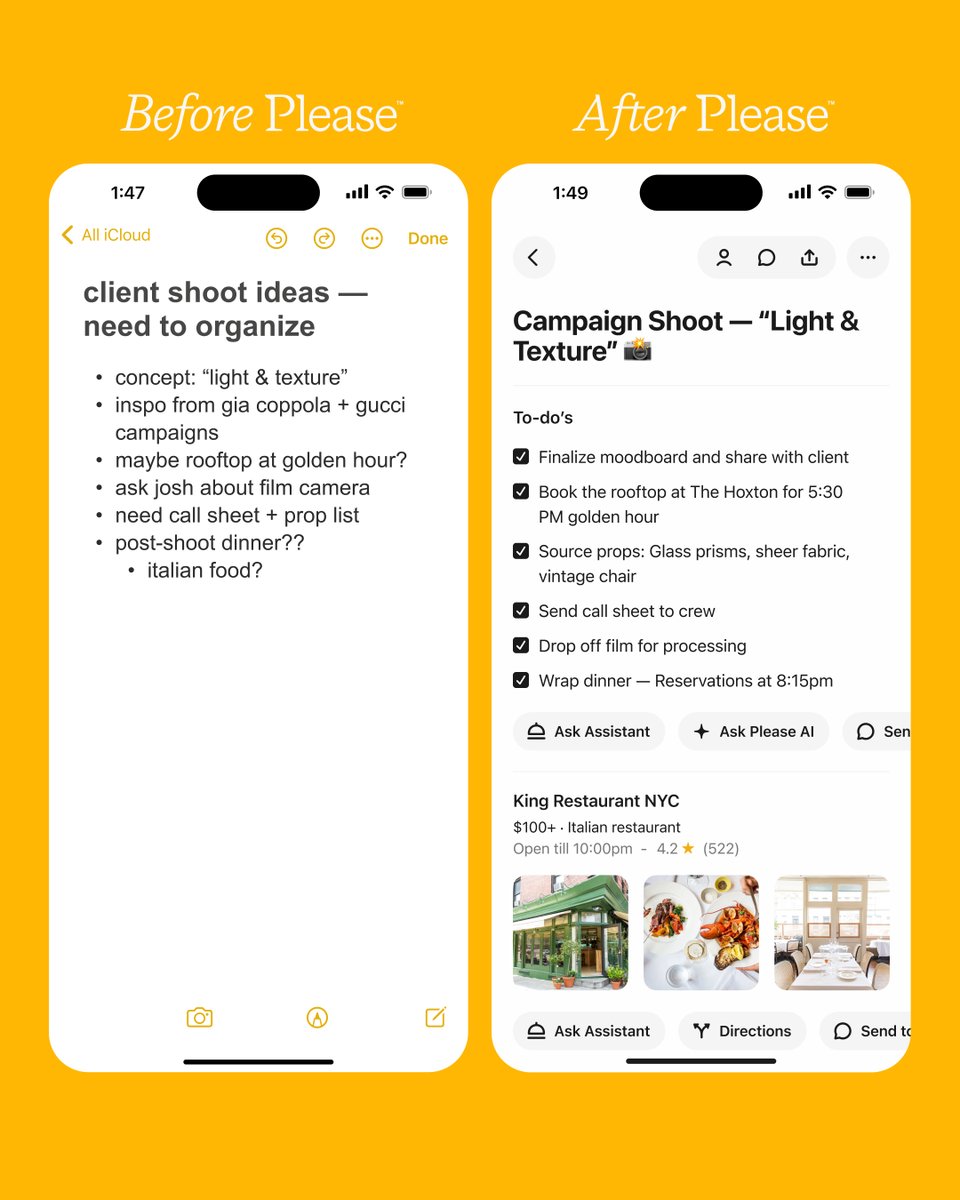 Don’t let your creative ideas gain dust in your Notes app.

Please formats your Apple Notes into a tangible plan so you can finally take action.

Prep a shoot, fashion show, creative workshop, you name it, Please keeps your ideas organized so your vision comes to life. 📸