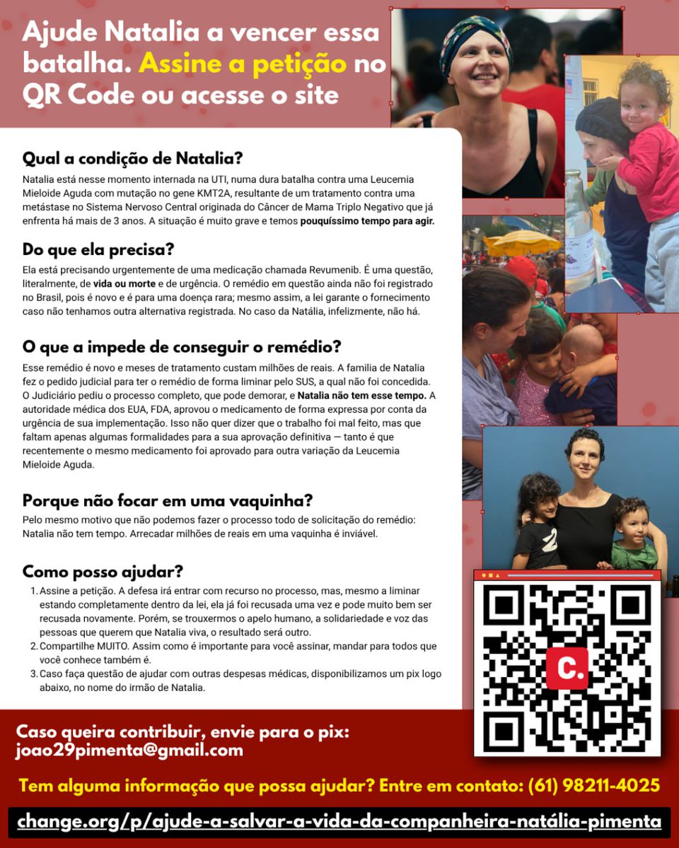izadoradias29's tweet image. 1. Qual a condição de Natália?
Natália está internada na UTI. Seu estado é muito grave e exige ação imediata.

2. Do que ela precisa?
Ela precisa urgentemente do medicamento Revumenib, que é essencial para sua sobrevivência

3. O que impede de conseguir o remédio?
O Revumenib é…