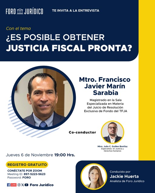 ¿Qué es la justicia fiscal sea pronta?
 
Francisco J. Marín Sarabia platicará con <a href="/JackieHuerta_/">JackieHuerta</a> y <a href="/julioguillen/">Julio Guillen</a> sobre justicia fiscal.

📅Jueves 6 de noviembre ⏰7PM
Registro gratuito👉us02web.zoom.us/webinar/regist… 
También por Facebook live