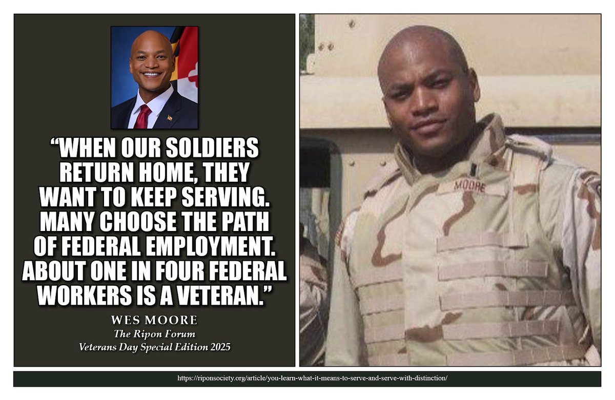 From soldier to Governor: <a href="/NatlGovsAssoc/">NGA</a> Vice Chair <a href="/GovWesMoore/">Governor Wes Moore</a> shares what Veterans Day means to him and how military service shaped his path to public leadership in the latest Ripon Forum – bit.ly/4qFEwcg