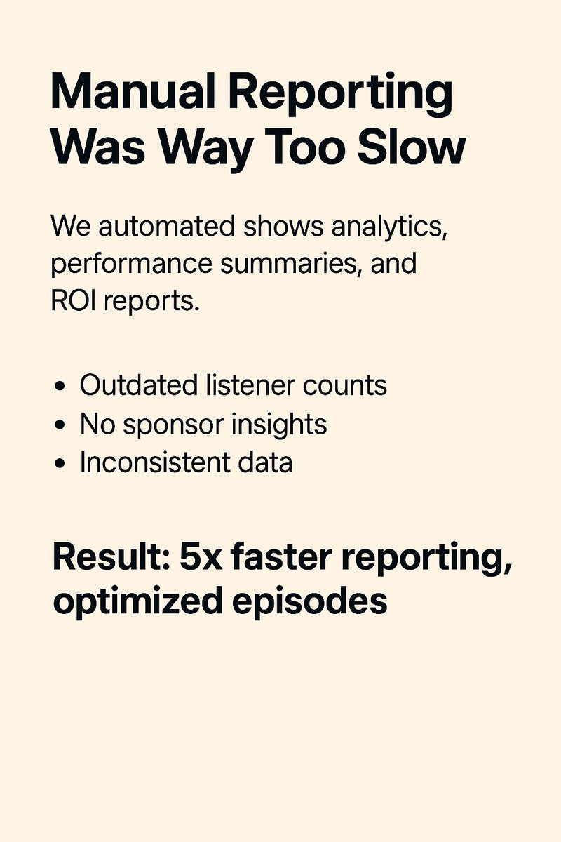 moh_ave's tweet image. Manual reporting was way too slow. Automated analytics, summaries, and ROI reports. Result: 5x faster reporting, optimized episodes. #ai #aiautomation #hormozi #chatgpt