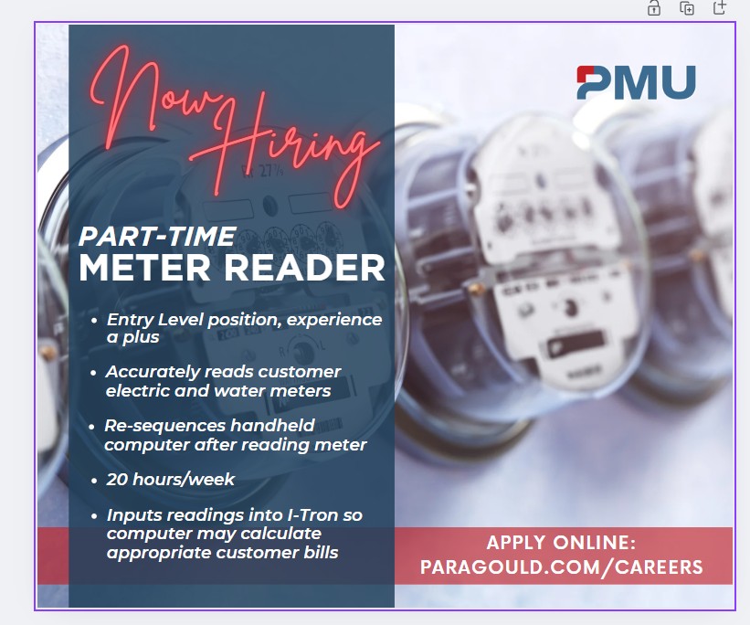 📢We're hiring! • Part-time Meter Reader
Please visit paragould.com/careers/job-op… to review the full job description.