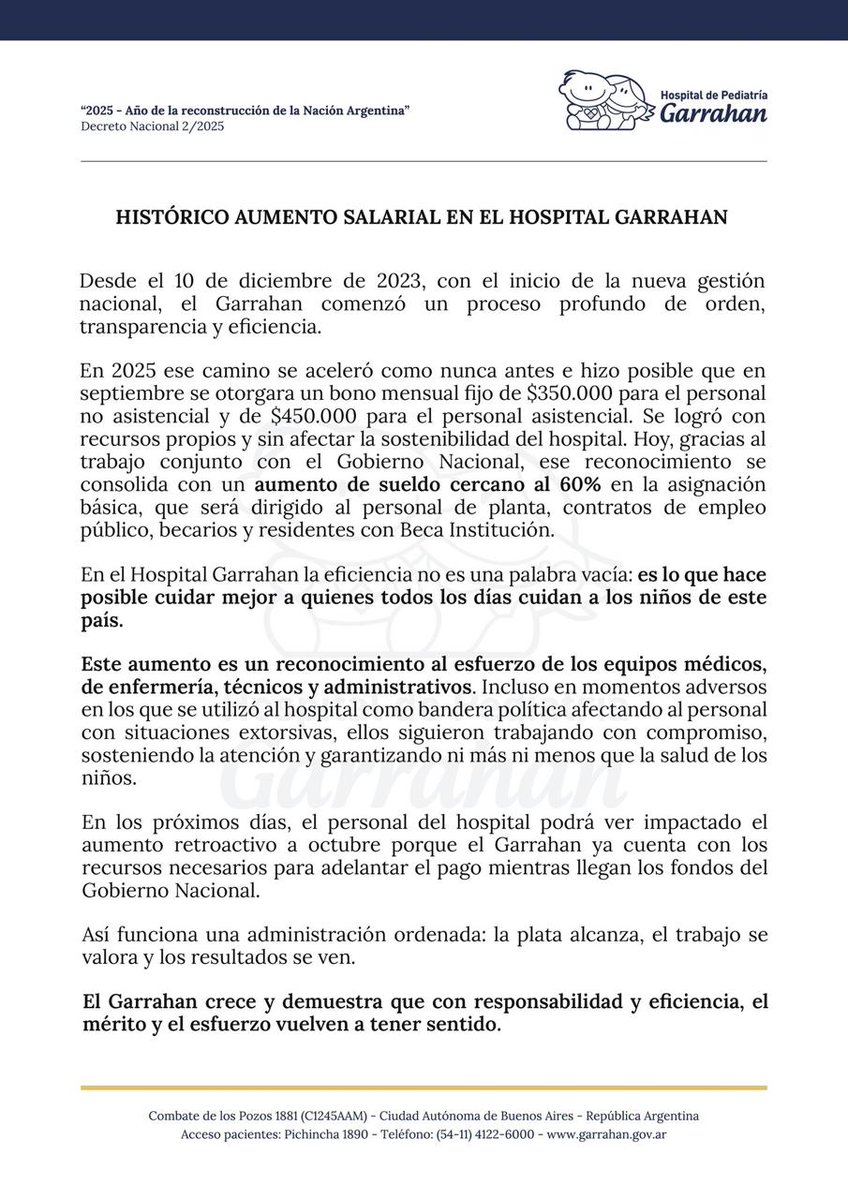 Enorme triunfo del Garrahan! La histórica y decidida lucha de sus trabajadores, pacientes, el apoyo popular lograron que se empiece a cumplir  la ley de emergencia pediátrica, un aumento de sueldos del 61% 👏👏
Vergüenza las conducciones sindicales de la CGT y CTA que negocian