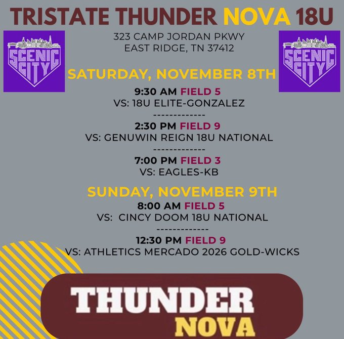So excited to play with Tri-State Thunder in Scenic City Chattanooga!! Come stop by I will be wearing #99, so grateful to be playing with these girls! Schedule ⬇️<a href="/TSThunderNova/">Tri-State Thunder NoVa 18U</a> <a href="/gobigrecruiting/">Go Big Recruiting</a> <a href="/EastCoastFP/">East Coast Fastpitch Softball</a> <a href="/LMU_Softball/">LMU Softball</a> <a href="/UGASoftball/">Georgia Softball</a> <a href="/JMUSoftball/">JMU Softball</a> <a href="/AuburnSoftball/">Auburn Softball</a> <a href="/UCF_Softball/">UCF Softball</a>