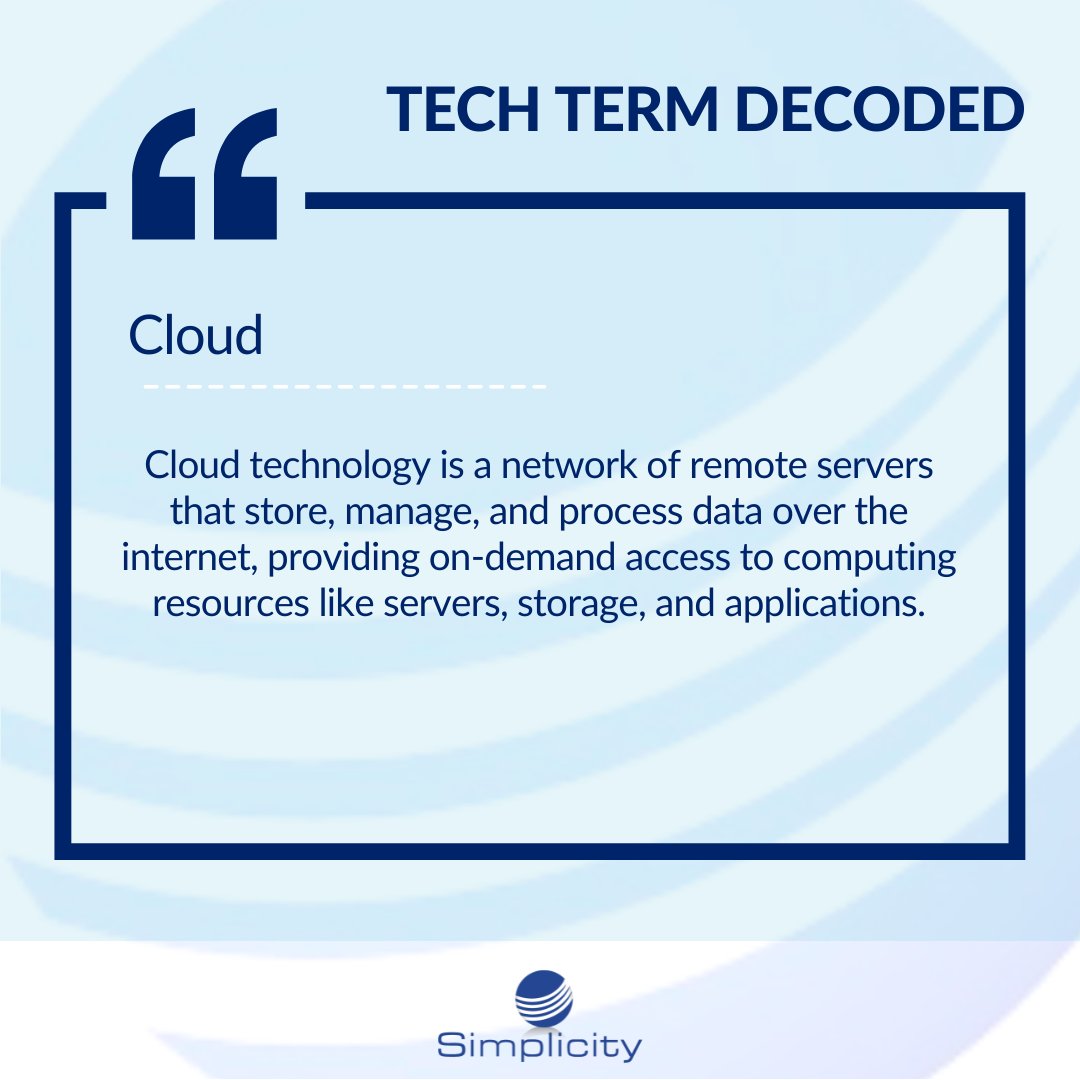 SimplicityVoIP's tweet image. You’ve probably heard “the Cloud” tossed around, but what does it really mean? In telecom, the Cloud is secure internet-based storage and tools—think cloud phone systems that boost flexibility, keep your business connected, and cut hardware costs. #SimplicityVoIP #TechTermTuesday