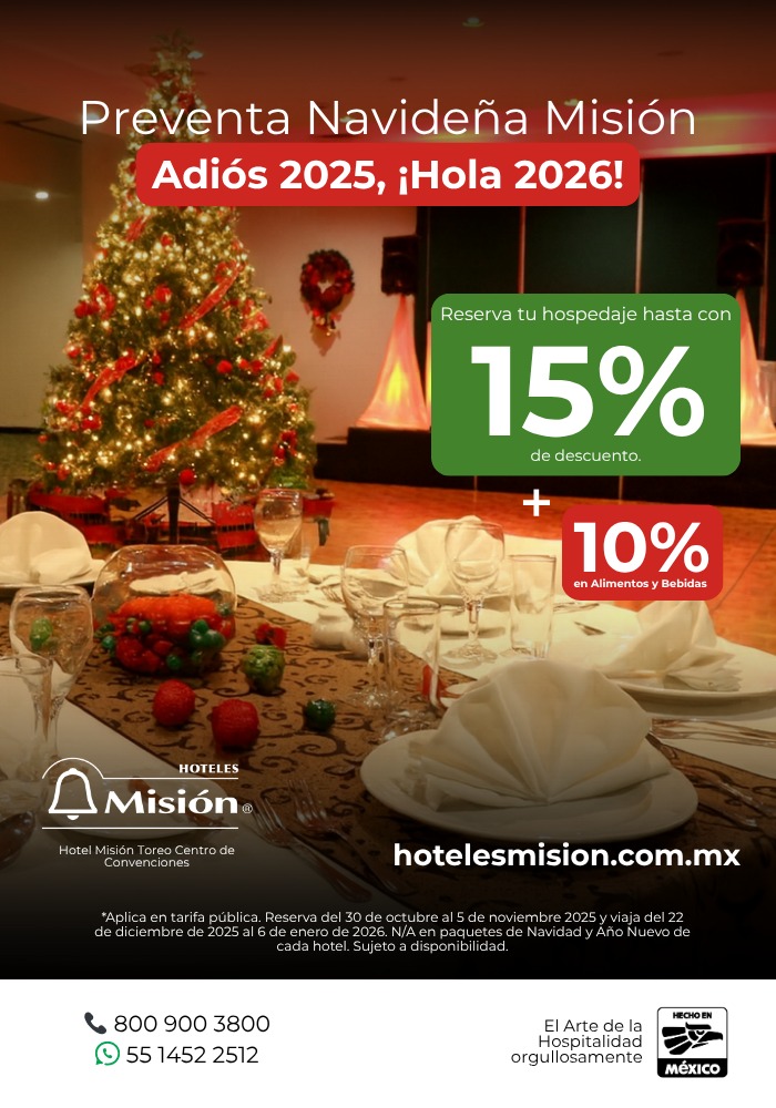 Aprovecha nuestra preventa Navideña
y su 15% en hospedaje 🛏️ más 10% en alimentos y bebidas🍷🍴
 
🌐hotelesmision.com.mx 
📞800 900 3800
🤳🏽WhatsApp: 55 1452 2512
👩🏽‍💻O solicita tu cotización en nuestro formulario: bit.ly/467rlp1

#HotelesMisión #ViajaConMisión