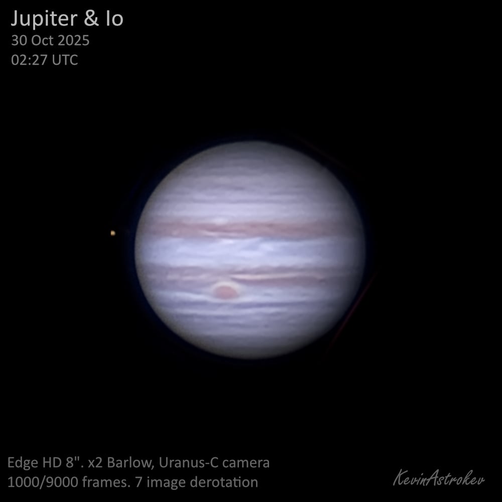 Jupiter, imaged a few nights ago with the volcanic moon Io; the first time this season.
Seeing wasn't the best, but good to get back on the king of planets.