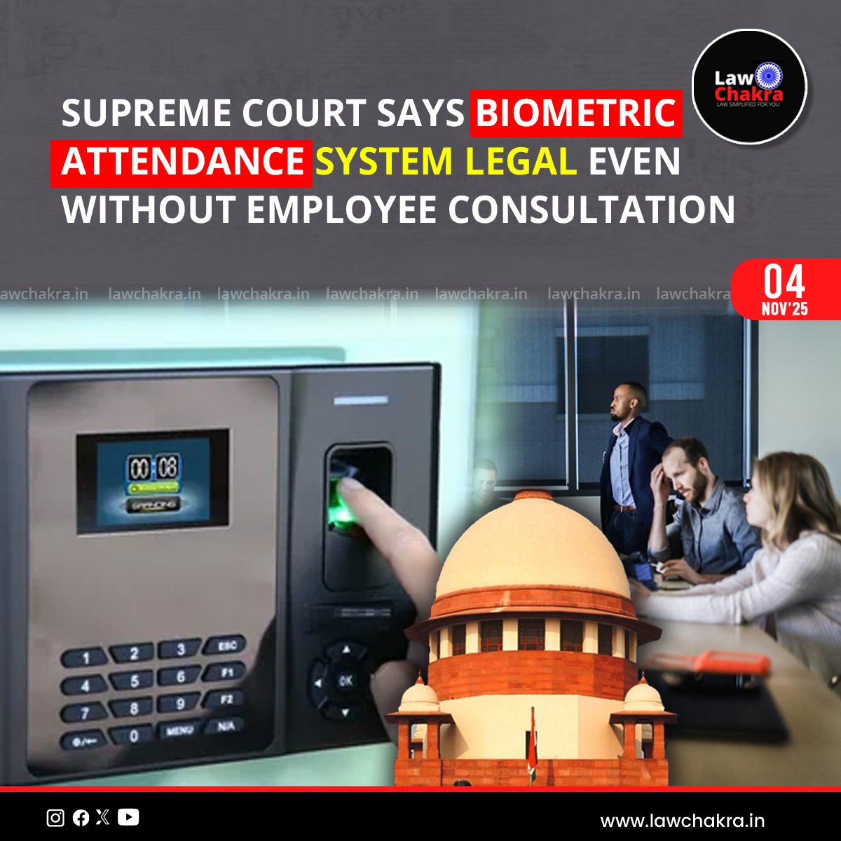 LawChakra's tweet image. The Supreme Court ruled that the Biometric Attendance System in government offices is valid and beneficial.
For More Details Visit: lawchakra.in/supreme-court/…
#SupremeCourtofIndia #biometrics #attendance #employee #consultation