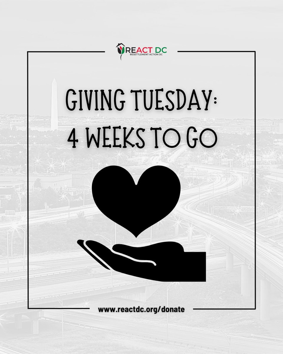 reactdcorg's tweet image. ⏳ 4 Weeks Until #GivingTuesday!
Refugee families in DC need your support for housing, jobs, mentorship &amp;amp; education. 💛
Donate now: reactdc.org/donate

#RefugeeSupport #REACTDC