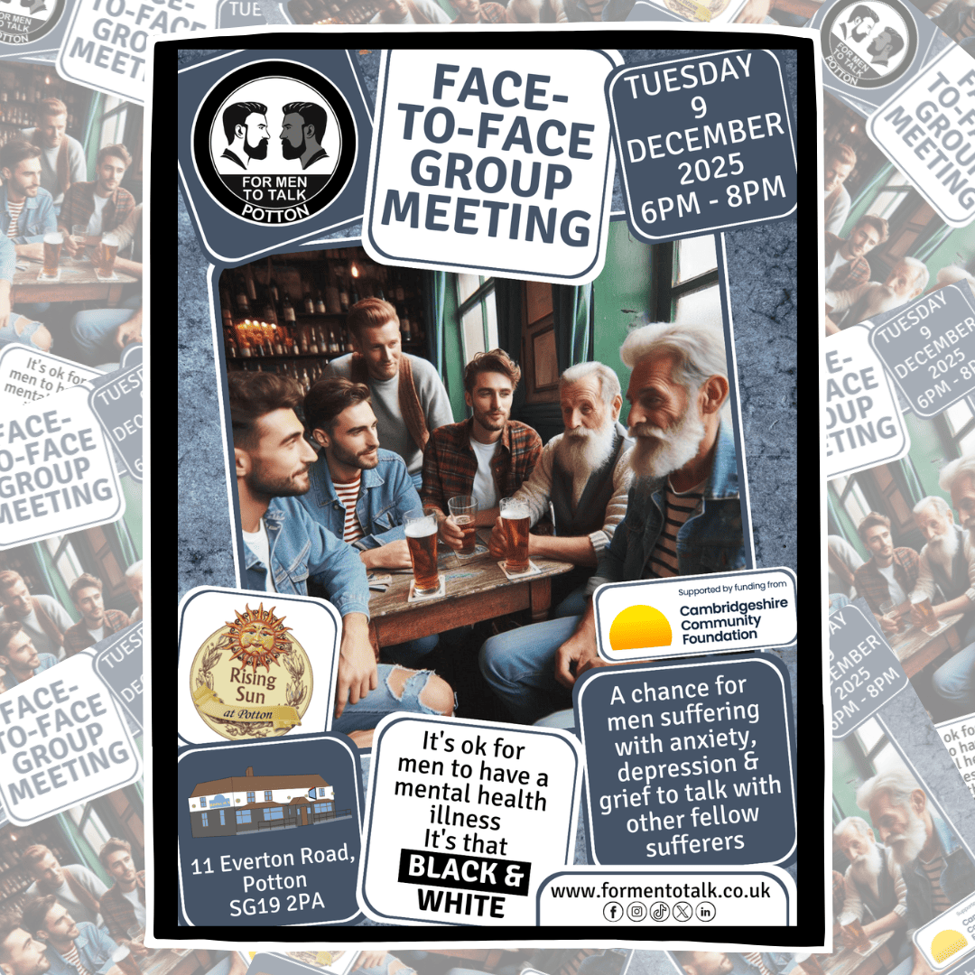 Come &amp; be part of a supportive men’s group at @formentotalk #Potton. Next meeting is on Tues 9 Dec at 6pm at The Rising Sun. Let’s talk about #mentalhealth &amp; support one another.
#mensmentalhealth #mentalhealthawareness #menshealth #mentalhealthmatters #mensmentalhealthawareness
