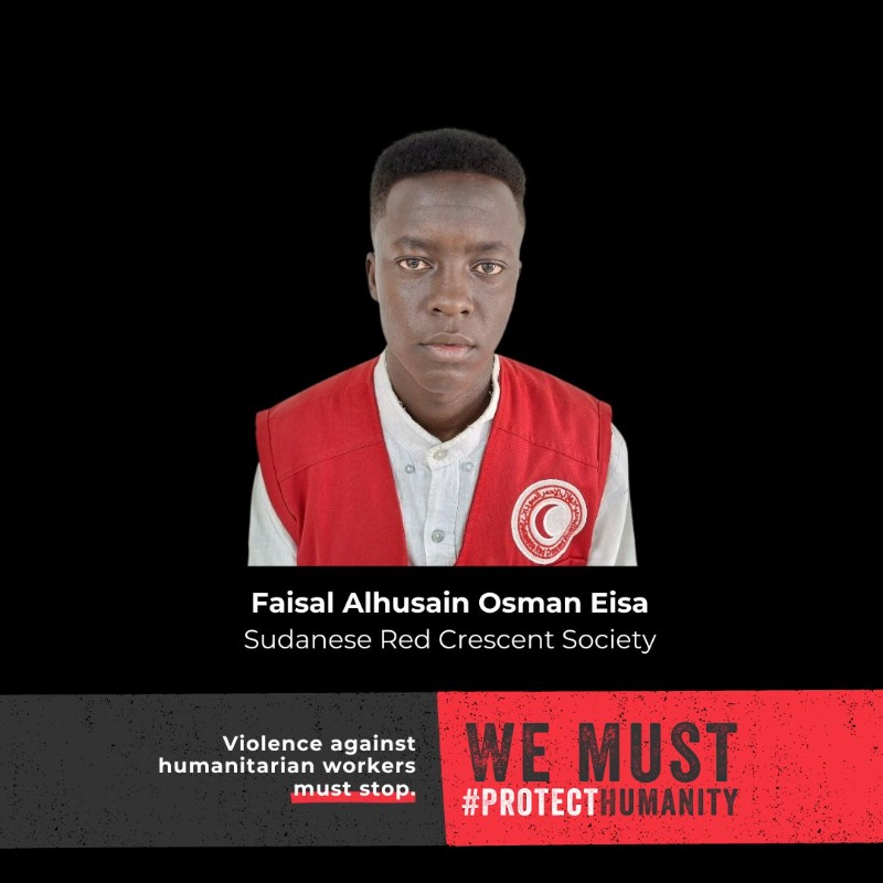 ifrc's tweet photo. We are heartbroken by the killing of five @SRCS_SD volunteers in Sudan.

We condemn this horrific act of violence and stand in solidarity with the families, friends and colleagues of the Sudanese Red Crescent Society. 

Humanitarians are #NotATarget. We must #protecthumanity.