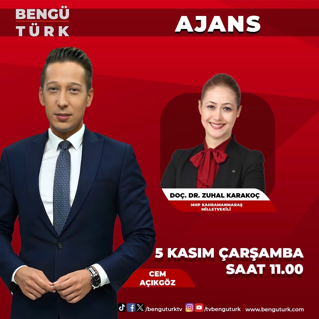 BUGÜN 
⏰ 11:00 (CANLI) 
📺 MHP Kahramanmaraş Milletvekili ⁦<a href="/zuhal_karakoc/">Doç. Dr. Zuhal Karakoç 🇹🇷</a>⁩ konuğumuz olacaktır. 

Soru, Görüş ve Önerilerinizi yazabilirsiniz. 
⁦<a href="/benguturktv/">Bengü Türk</a>⁩