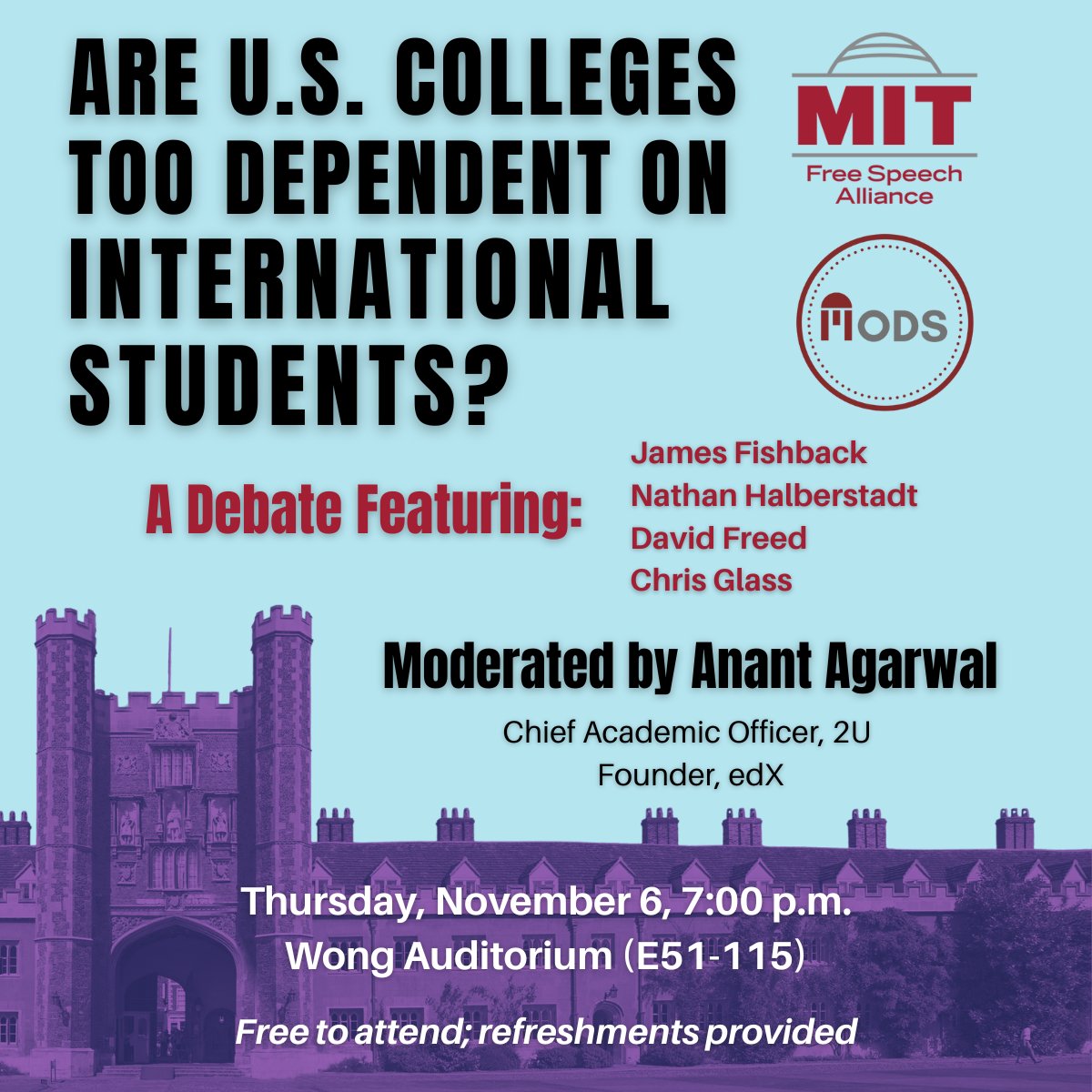 MadisonProgram's tweet image. On Thursday, November 6, the MIT Free Speech Alliance (@MITfreespeech), joined by the MIT Open Discourse Society and co-sponsored by the Madison Program, will host its fall campus debate, where two teams will debate the following proposition:

&quot;Resolved, American Universities are…
