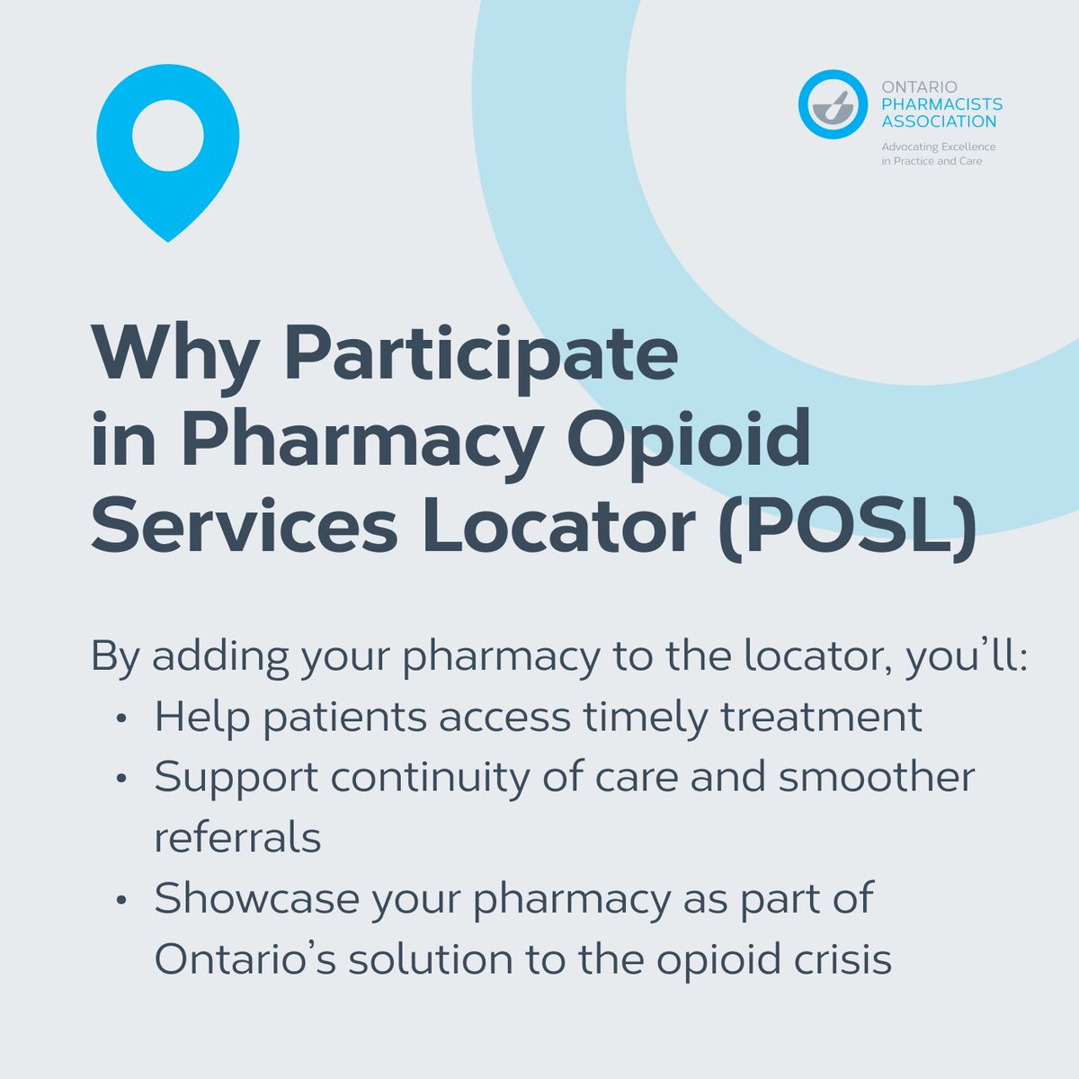 The OPA Pharmacy Opioid Services Locator will close treatment gaps and make it easier for patients to access the opioid services they need, when they need them. Pharmacies across Ontario can now sign up to be listed. 

Add your pharmacy here: hubs.la/Q03RHyxM0