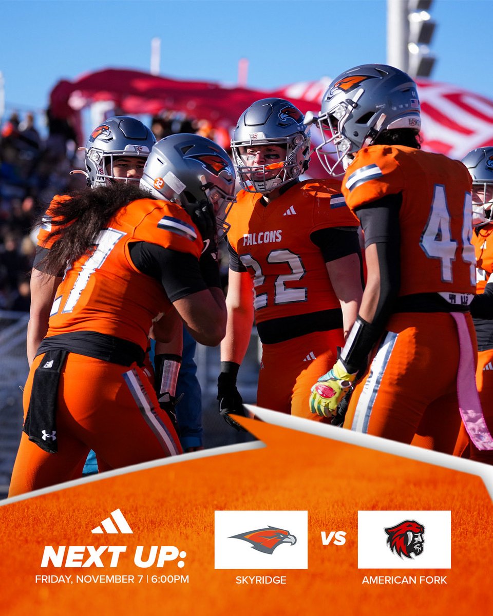QUARTERFINALS! THE REMATCH IS SET🔥

It doesn’t get bigger than this. 6A Playoff Quarterfinals. At home. Last home game of the year!

We need ALL of Falcon Nation to be at Skyridge Stadium this Friday. We need you loud, we need you early, and we need you ready to defend our home