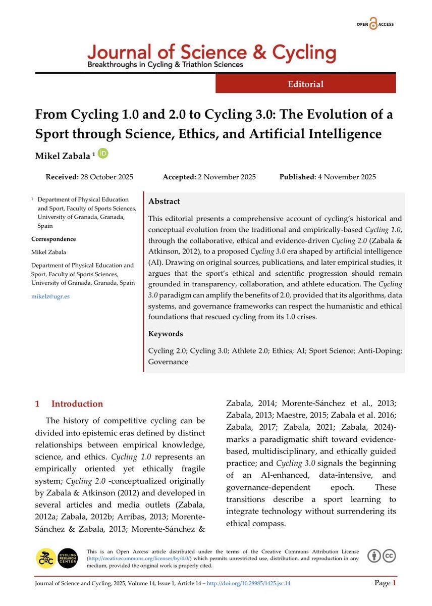 New in Journal of Science and Cycling: “From Cycling 1.0 and 2.0 to Cycling 3.0: The Evolution of a Sport through Science, Ethics, and Artificial Intelligence” jsc-journal.com/index.php/JSC/…