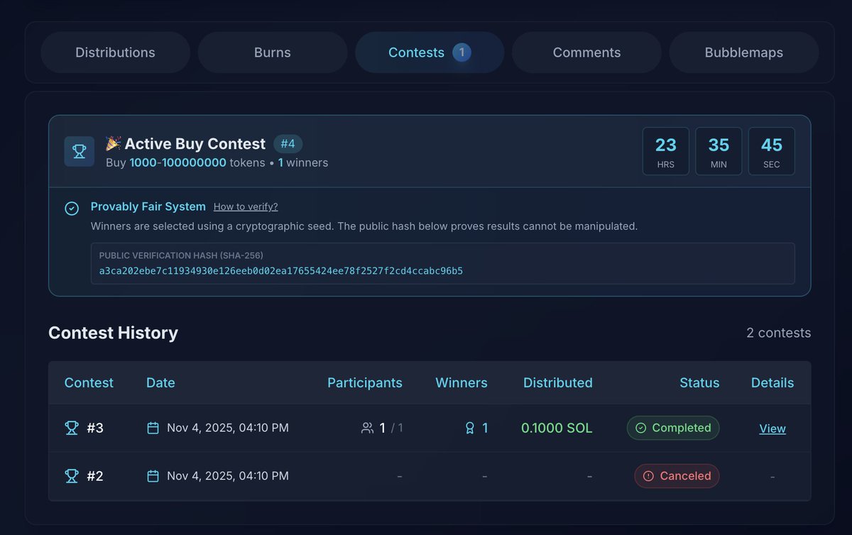 revshare_app's tweet image. We’re excited to introduce Buy Contests — now powered by a Provably Fair system on RevShare!

If you have a project (or are planning to create one), you can now launch your own Buy Contest at any time. Set your rules — choose the minimum and maximum buy amount, define the start…