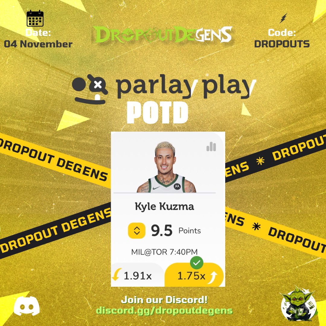 DropoutDegens's tweet photo. 🚨11/04/25 POTD🚨
✅❌❌✅✅

Kyle Kuzma o9.5 Points 

Use code DROPOUTS on ParlayPlay for a 100% deposit match up to $100 AND a FREE $5 GAME!
https://t.co/1kw92RZhyu

🔽More plays posted in the Discord
https://t.co/TMMAUWHcav https://t.co/cMW71BSE7m