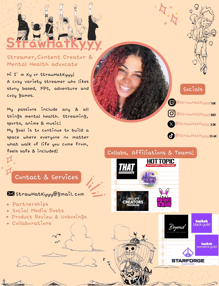 StrawHatKyyy's tweet image. First ever Media Kit 🧡! Ik it can only get better but I’m proud of how far I’ve come in a year with everything &amp;amp; I wanna thank YOU all for inspiring me ✨.