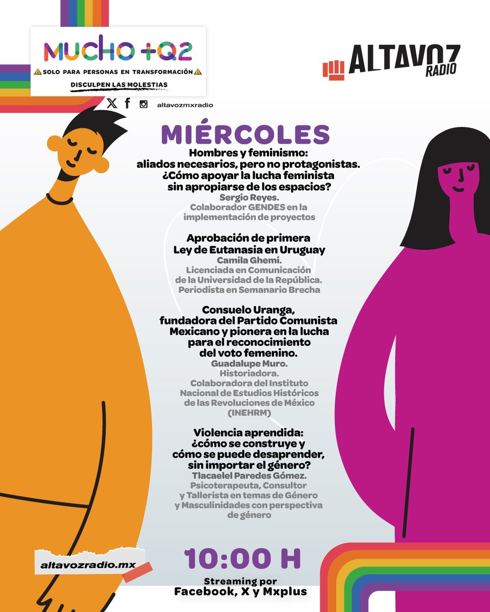altavozmxradio's tweet image. ✨Este miércoles en #MuchoMásQDos, se hablará sobre la importancia de👇

🧑‍🤝‍🧑Hombres y feminismo: aliados necesarios, pero no protagonistas. ¿Cómo apoyar la lucha feminista sin apropiarse de los espacios?
Sergio Reyes, colaborador @GENDESAC en la implementación de proyectos.…