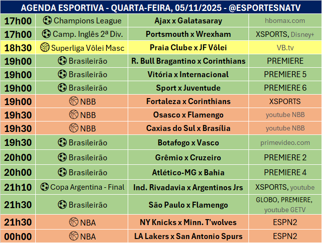 EsportesNaTV's tweet photo. A agenda esportiva desta QUARTA-FEIRA (05/11/2025) https://t.co/pd5hcOHgns