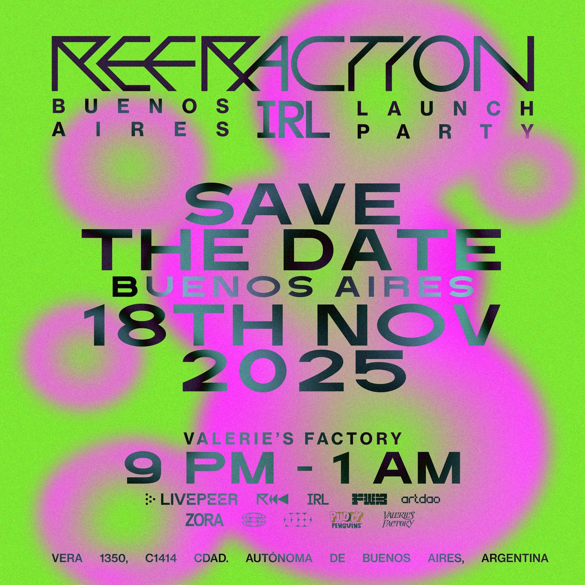 refraction_irl's tweet image. Refraction presents the IRL Launch Party 🇦🇷

Join us at Valerie’s Factory to celebrate IRL’s official launch alongside @Livepeer · @FWBtweets · @Artdao_xyz · @syndicateio · @WalletConnect · @pudgypenguins · @ourzora 

Tuesday, Nov 18 · 9PM—1AM
RSVP ↓