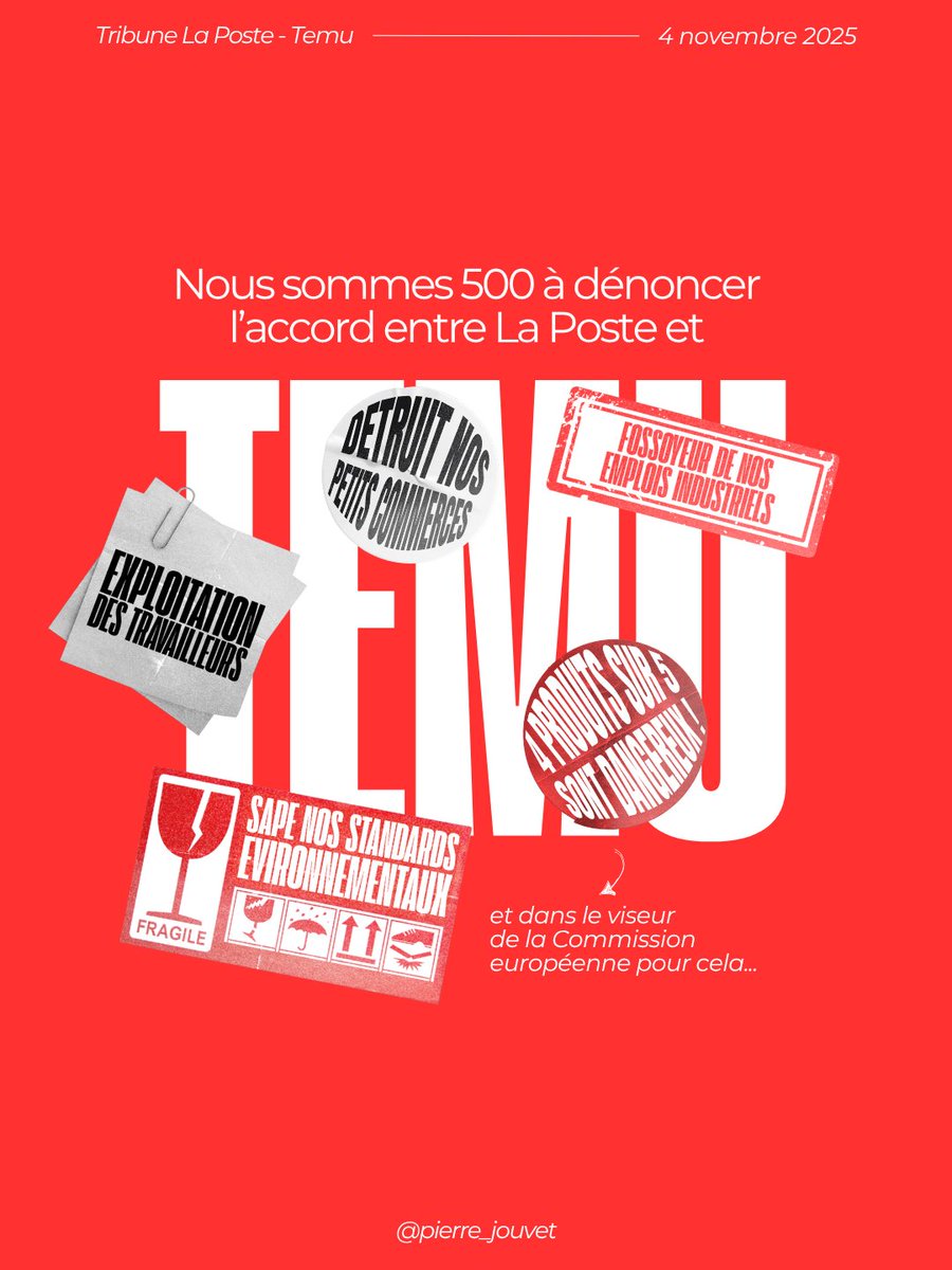 Nous sommes 500 à demander au <a href="/GroupeLaPoste/">La Poste Groupe</a> de renoncer à son accord terrible avec Temu !
Merci. On continue.

Pour lire et signer cet appel : pierrejouvet.fr/tribune-accord…