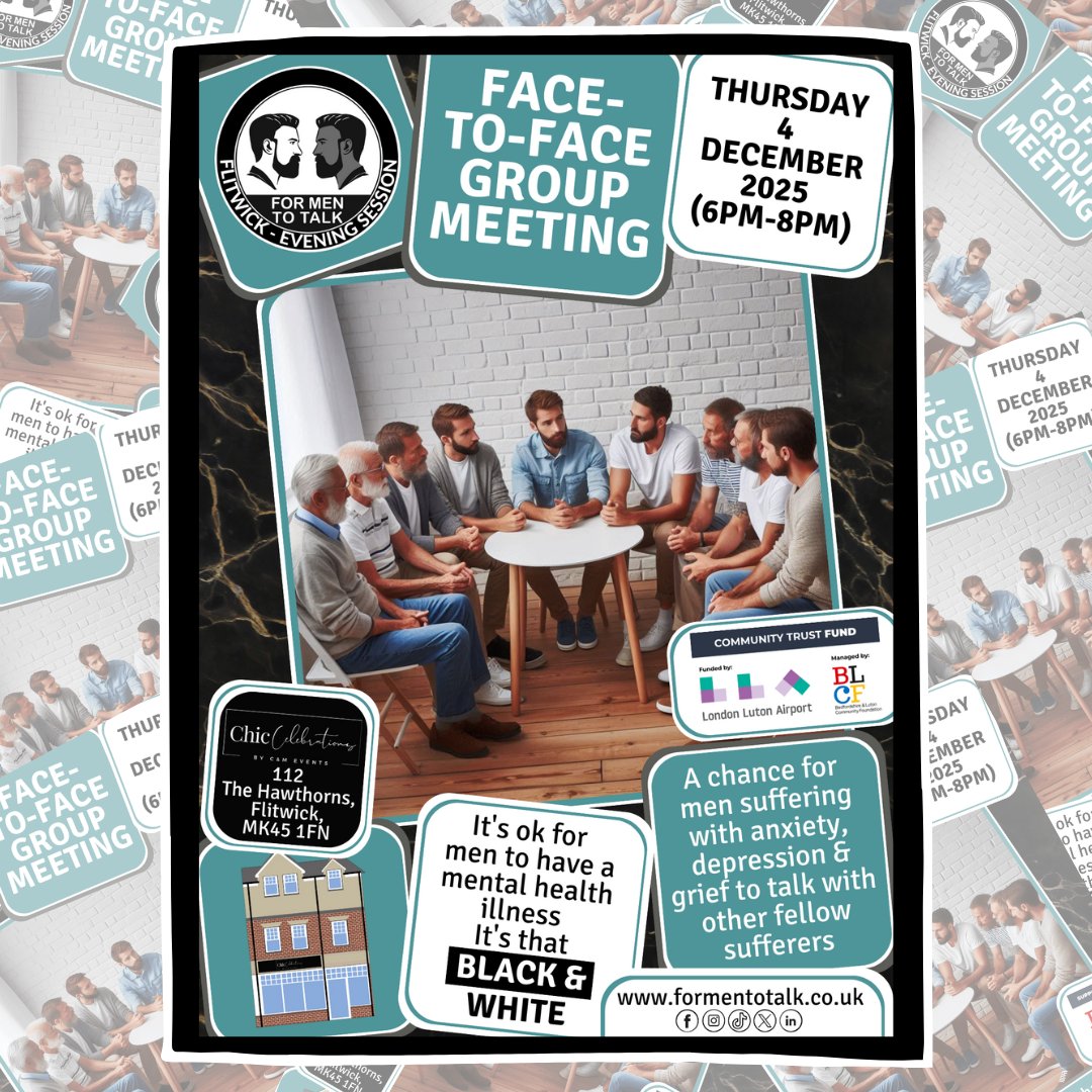 One conversation can change everything. Join '@formentotalk #Flitwick (Evening Session)' on Thursday 4 December 2025, starting at 6pm at Chic Celebrations. #mentalhealth #mensmentalhealth #mentalhealthawareness #menshealth #mentalhealthmatters #mensmentalhealthawareness