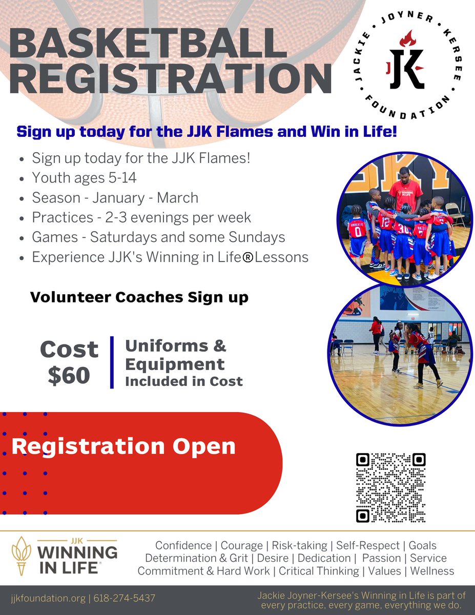 🏀 Registration is OPEN for JJK Flames Basketball! Youth ages 5–14 can learn teamwork, confidence, and life skills on and off the court through Jackie Joyner-Kersee’s Winning in Life® lessons.
Sign up today and be part of the flame! 🔥
➡️ jjkfoundation.org/youth-athletic…