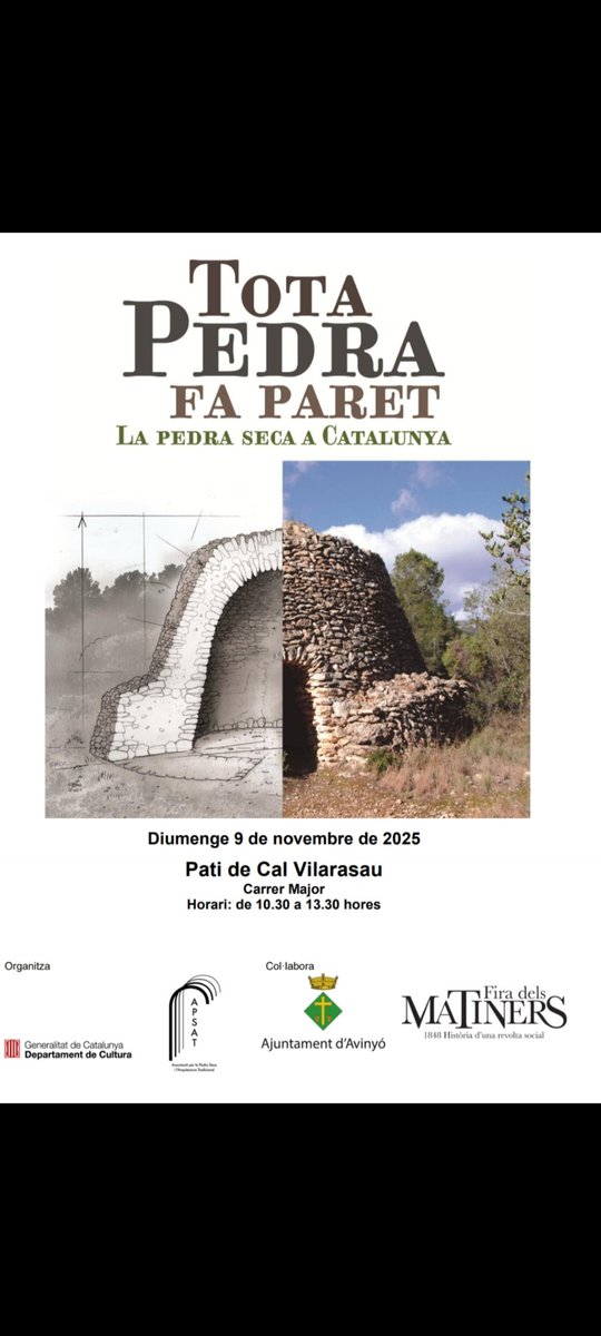 A la Fira dels Matiners no et pots perdre l’exposició “Tota pedra fa paret. La pedra seca de Catalunya”

🗓️ Diumenge, 9 de novembre

⏰ De 10.30 a 13.30 h

📍 Pati de Cal Vilarasau – Carrer Major (Avinyó)

#firamatiners #Avinyó #cultura #patrimoni #pedraseca