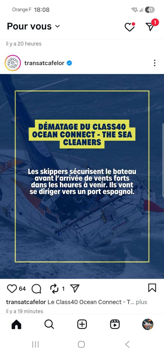 CommandantMitc2's tweet image. Transat Café L’Or. Class 40 : Ocean Connect-The Sea Cleaners victime d’un démâtage près de l’Espagne 😢
Courage à Gaëtan Thomas et Jean-Baptiste Ternon 🙏