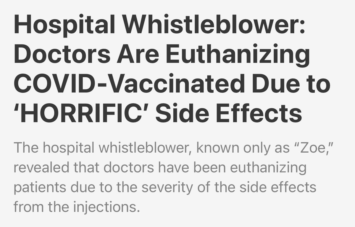 toobaffled's tweet photo. A medical industry whistleblower has come forward with explosive allegations to warn the public that Covid mRNA shots are causing people to “die so horrifically” and “so quickly” after they received the injections.

The hospital whistleblower, known only as “Zoe,” revealed that doctors have been euthanizing patients due to the severity of the side effects from the injections.

https://t.co/Ah8A8NypkQ