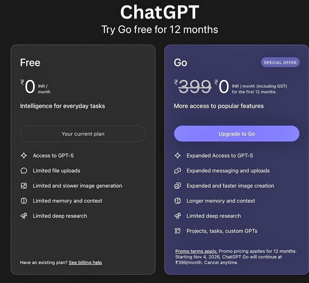 nipao's tweet image. OpenAI 从 2025 年 11 月 4 日开始为印度用户提供新推出的 ChatGPT Go 免费一年——但仅限印度用户。
发挥你们的技能吧
