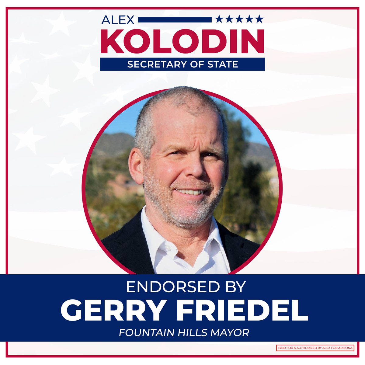 🚨ENDORSEMENT ALERT

I'm proud to announce that Fountain Hills Mayor Gerry Friedel has endorsed me to be Arizona’s next Secretary of State!

Mayor Friedel is a principled, effective conservative leader in our state and I couldn’t be more honored to have his support.

STATEMENT