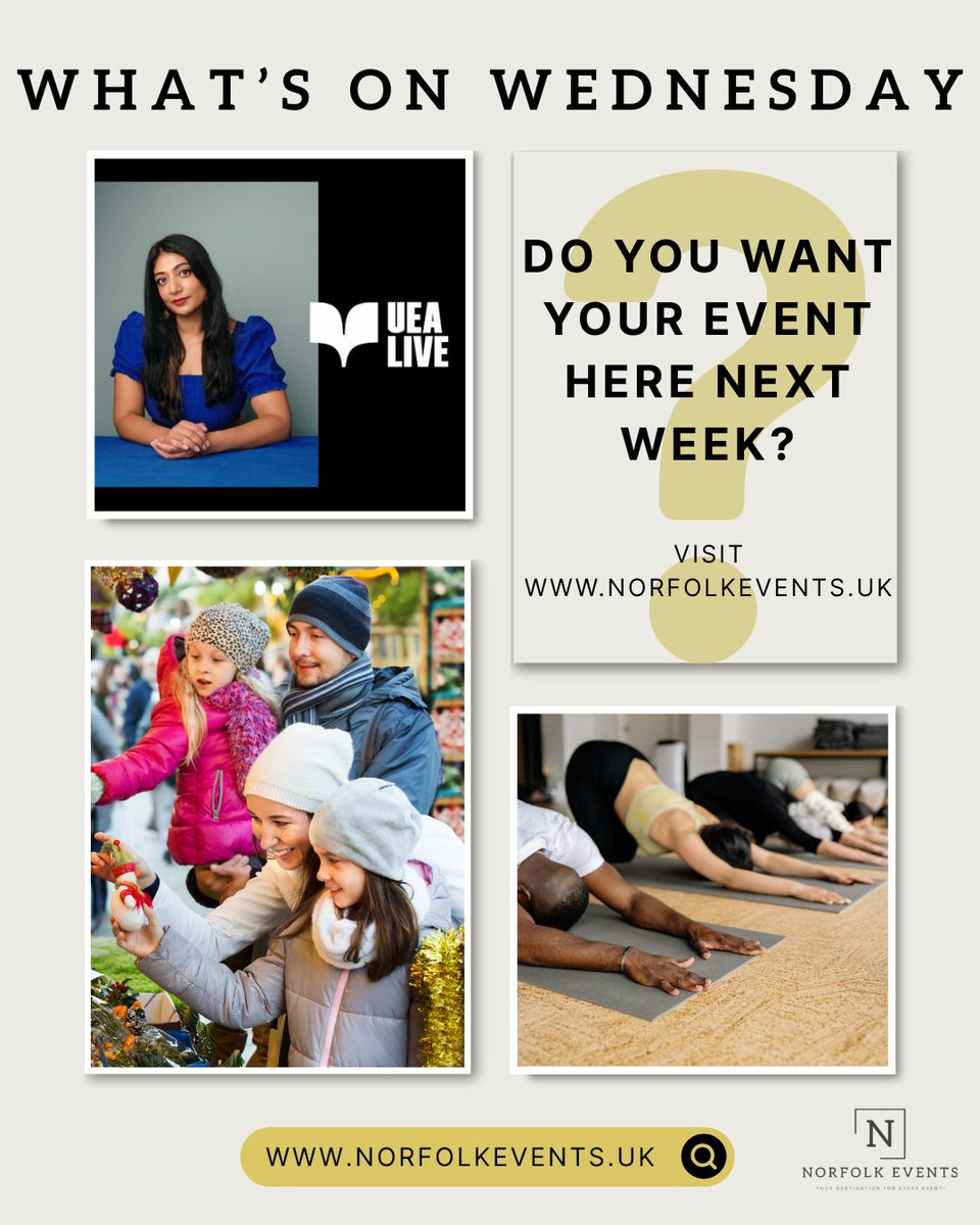 What’s in Norfolk this week!
🧘 Yoga – Carrow House   
🎤 UEA Live: Nussaibah Younis   
🎄 Festive Gift &amp; Food Show    
Find your calm, feed your mind, embrace the festive spirit!   👉 norfolkevents.uk 
#NorfolkEvents #WhatsOnWednesday