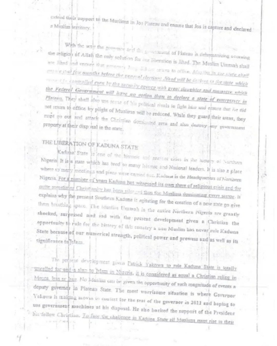 ChinasaNworu's tweet photo. 🗞️🇳🇬 LEAKED: How Northern Clerics Plotted ‘Full Jihad’ Against Christians in Jos and Kaduna

BAUCHI, 13 July 2010 - Newly surfaced minutes from a closed-door meeting of Islamic leaders in Bauchi allegedly chaired by Mallam Isa Ali Pantami have revealed a chilling call for “full implementation of jihad” in Plateau and Kaduna States.

According to the leaked document, the session—attended by delegates from Plateau, Bauchi, Kaduna, and Niger under the Jama’atu Nasril Islam (JNI)—outlined a militant agenda to “liberate” Kaduna from Christian political leadership and “reclaim” Jos for Islam.

The minutes accuse former Plateau Governor Jonah Jang of leading a “genocide” against Muslims, alleging 7,000 deaths and widespread destruction of Muslim properties.

The document also contains extremist directives, including the demolition of churches, restriction of Christian worship to designated areas, and the rejection of democratic participation by Muslims.

Participants reportedly threatened death for Muslims cooperating with state authorities, describing them as traitors who must be “wiped out.”

A separate manifesto titled “The Liberation of Kaduna State” denounces Christian Deputy Governor Patrick Yakowa’s leadership as “unacceptable,” vowing to ensure Muslim dominance in Kaduna politics.

The leaked papers point to an organized religious agenda behind years of sectarian violence in the Middle Belt.
@real_IpobDOS @WalidPhares @GunterFehlinger @billmaher @tedcruz