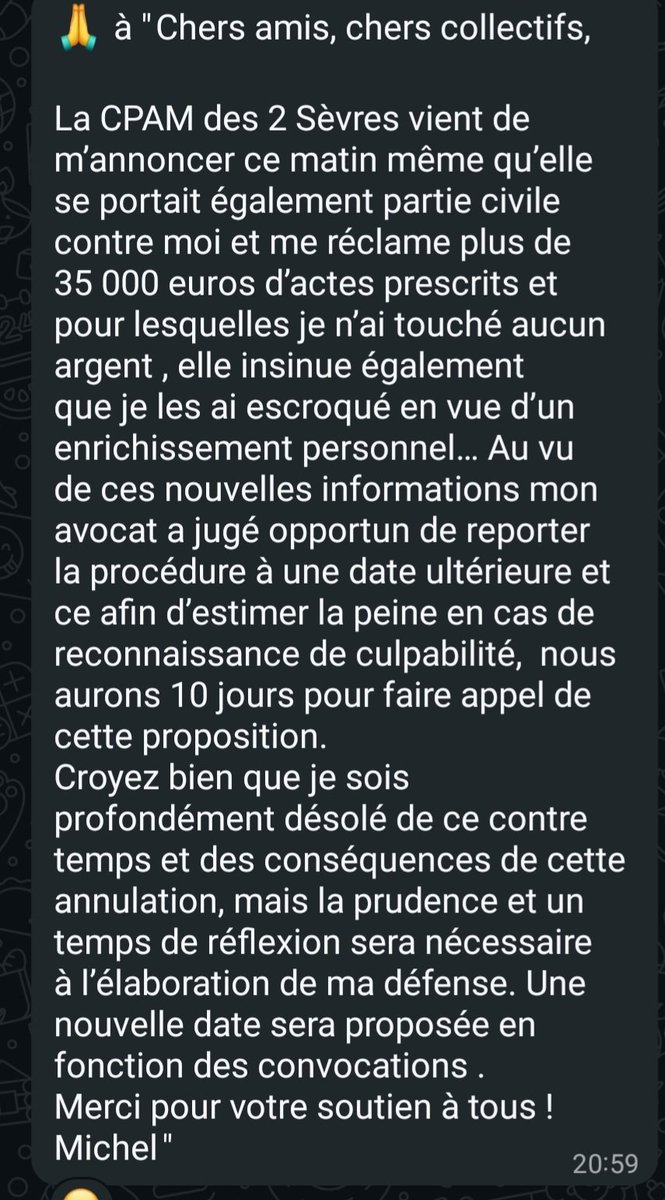 L' audience au tribunal du 05/11/25 à Roche sur Yon du Dr Michel Procureur sera reportée à une date ultérieure.
Michel nous communiquera bientôt la nouvelle date.
Ci-joint son message.